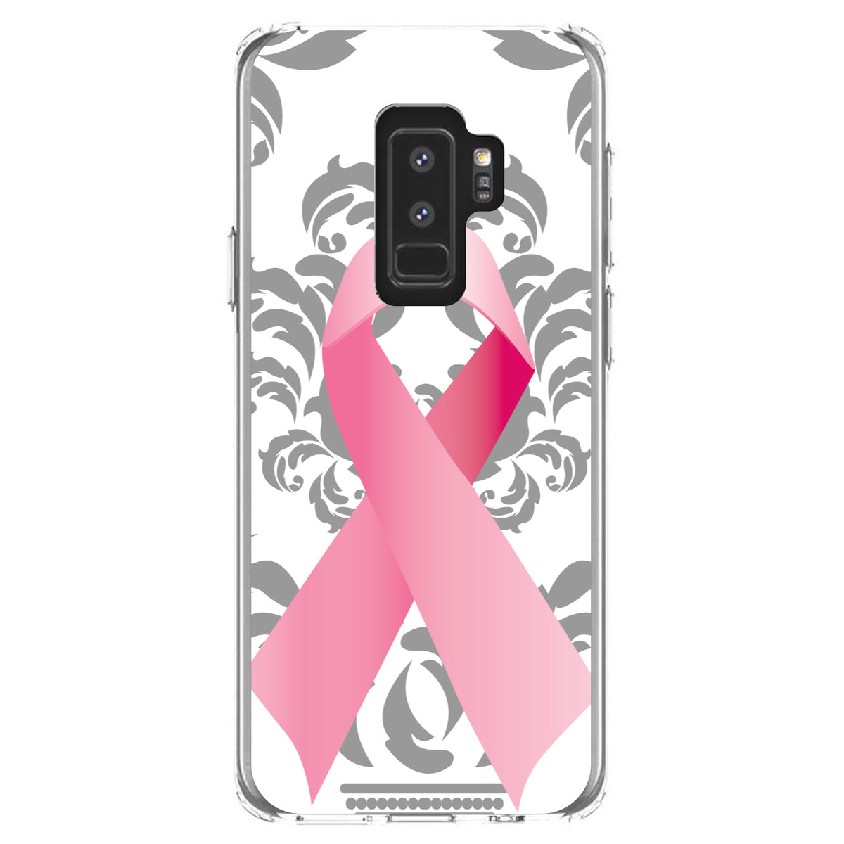 Grey Damask Pink Ribbon Clear Shockproof iPhone Case, view 20