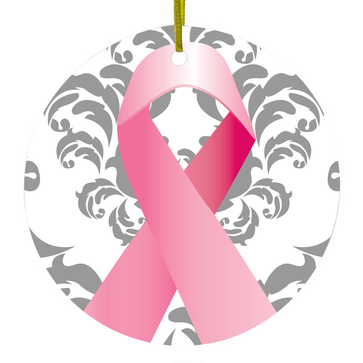Grey Damask Pink Ribbon Ceramic Ornament