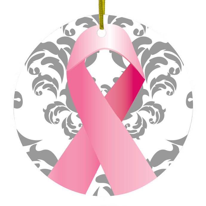 Grey Damask Pink Ribbon Ceramic Ornament