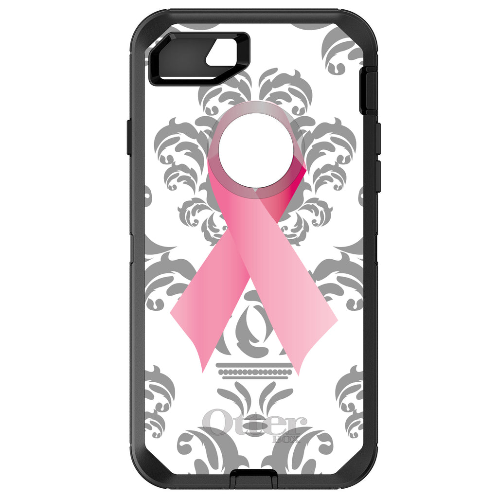 Grey Damask Pink Ribbon OtterBox Defender Case for iPhone & Galaxy