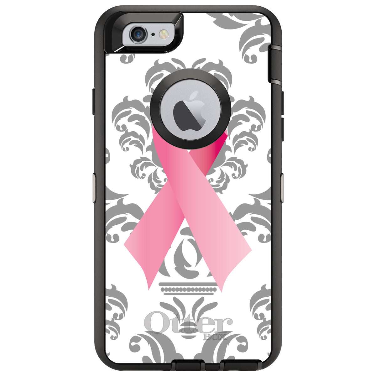 Grey Damask Pink Ribbon OtterBox Defender Case for iPhone & Galaxy, view 4