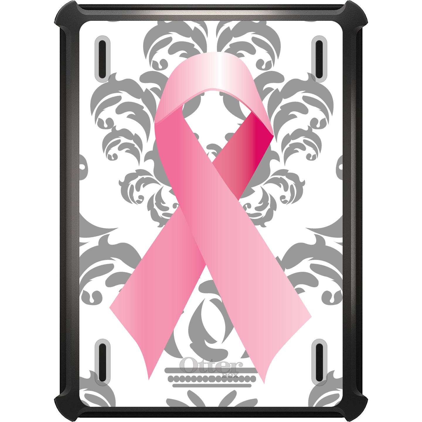 DistinctInk™ OtterBox Defender Series Case for Apple iPad / iPad Pro / iPad Air / iPad Mini - Grey Damask Pink Ribbon