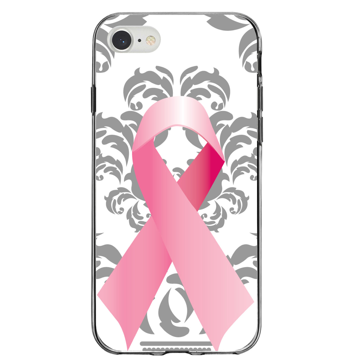 Grey Damask Pink Ribbon Clear Shockproof iPhone Case, view 5