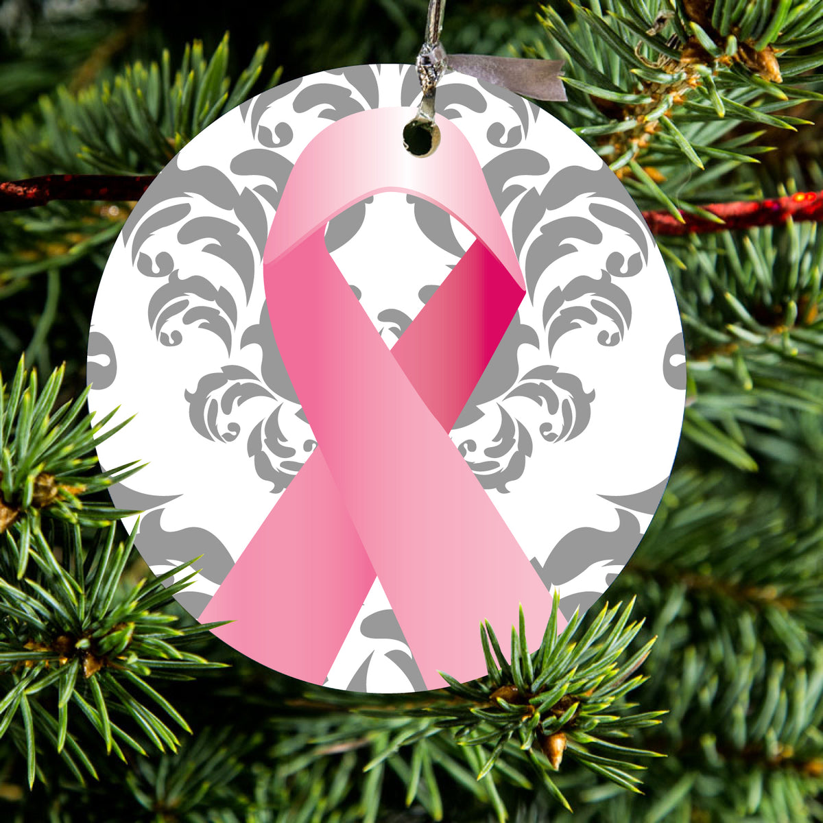 Grey Damask Pink Ribbon Ceramic Ornament, view 2