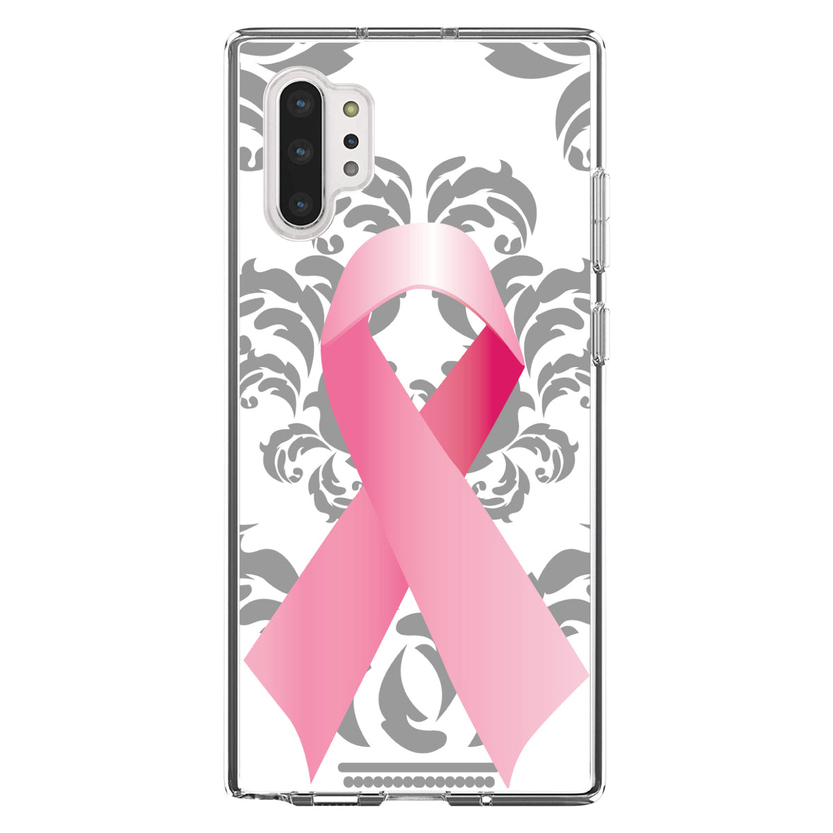 Grey Damask Pink Ribbon Clear Shockproof iPhone Case, view 10