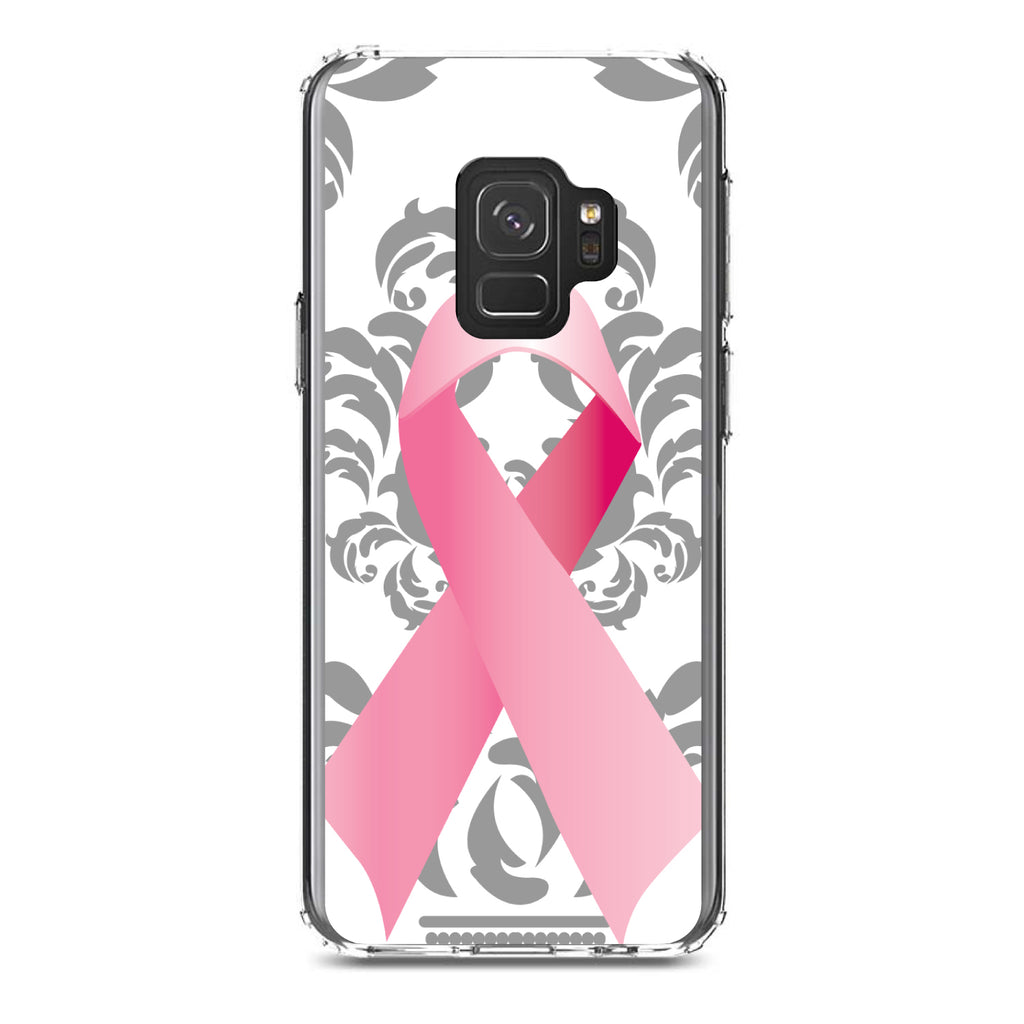 Grey Damask Pink Ribbon Clear Shockproof iPhone Case, view 19