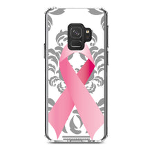 DistinctInk® Clear Shockproof Hybrid Case for Apple iPhone / Samsung Galaxy / Google Pixel - Grey Damask Pink Ribbon