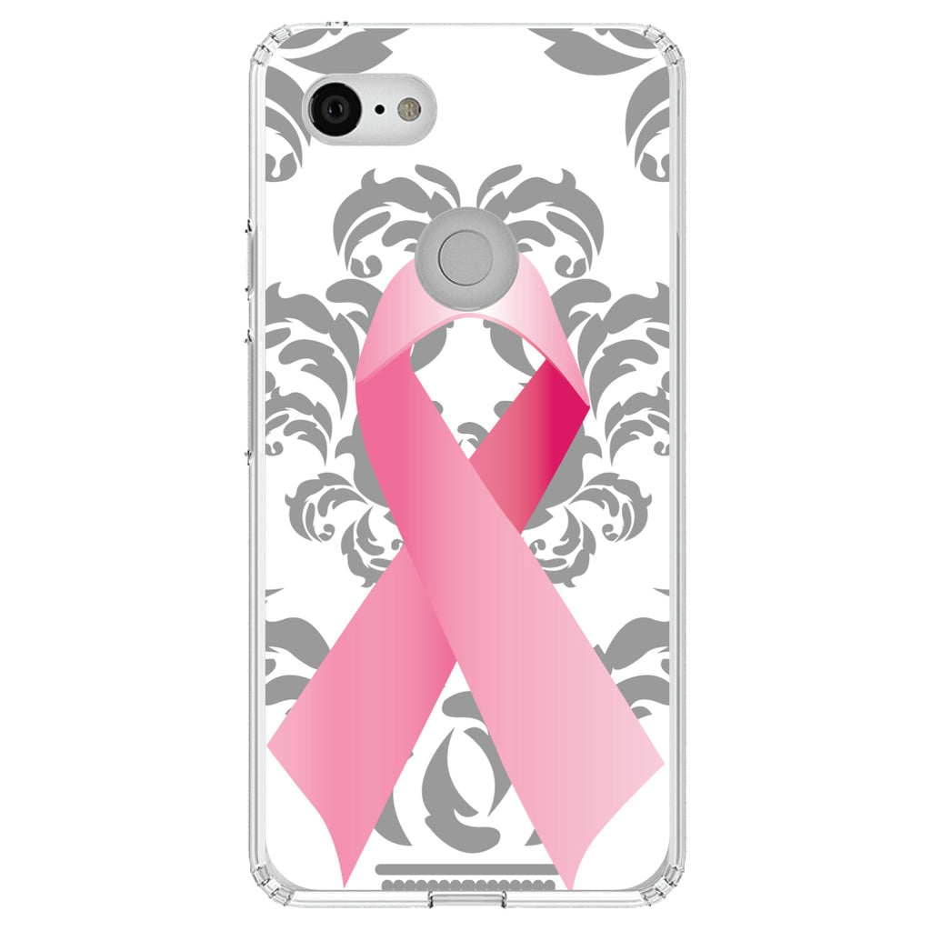 Grey Damask Pink Ribbon Clear Shockproof iPhone Case, view 22