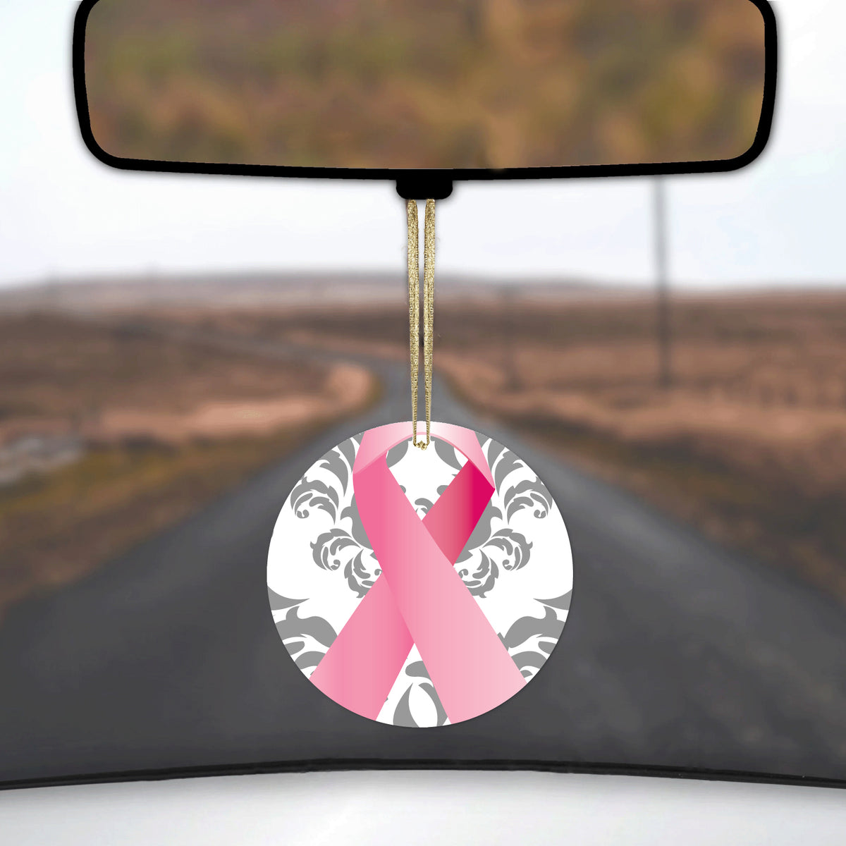 Grey Damask Pink Ribbon Ceramic Ornament, view 3