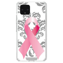 DistinctInk® Clear Shockproof Hybrid Case for Apple iPhone / Samsung Galaxy / Google Pixel - Grey Damask Pink Ribbon