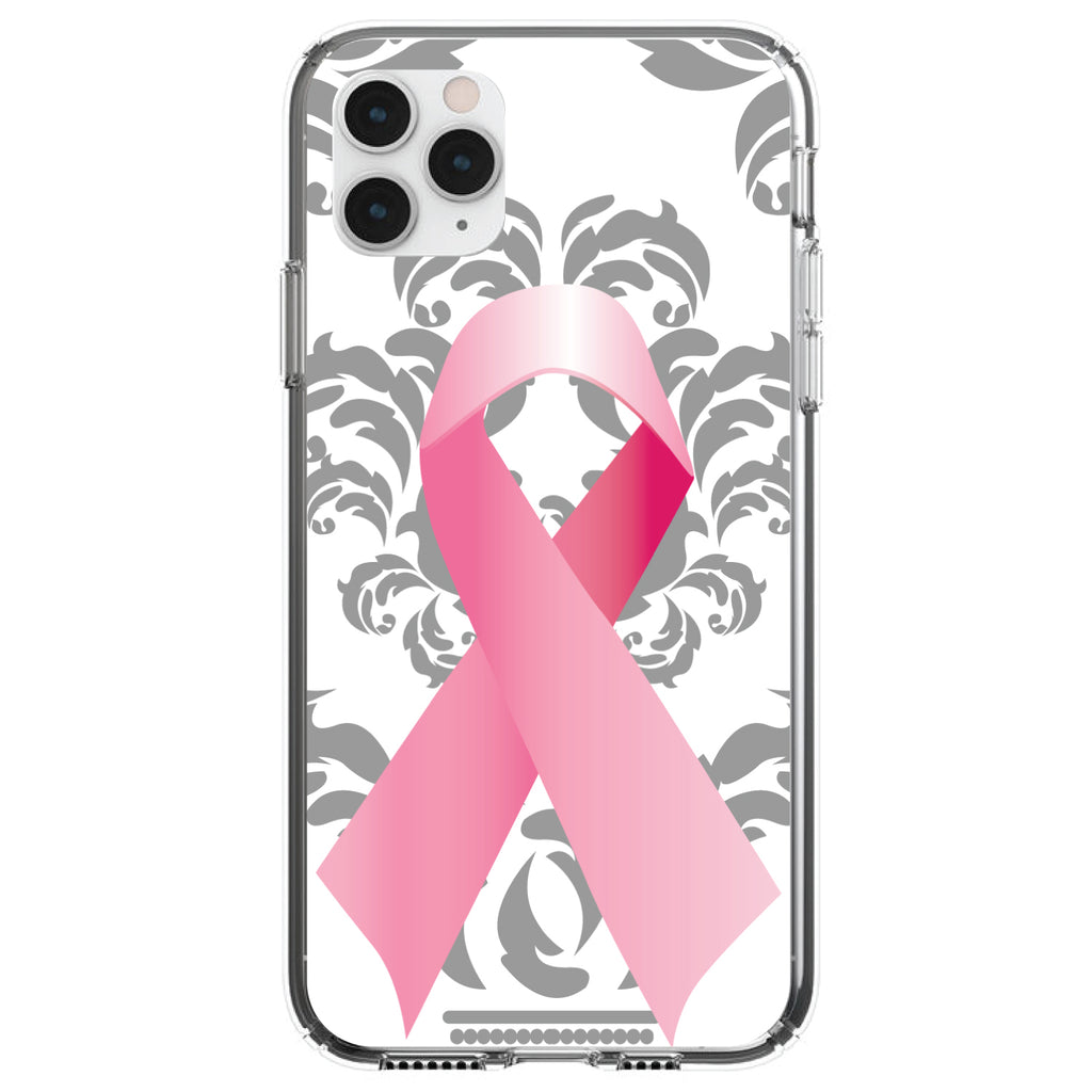 Grey Damask Pink Ribbon Clear Shockproof iPhone Case
