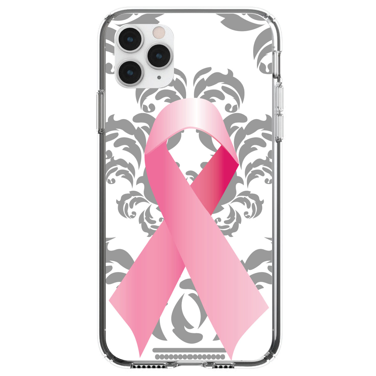 Grey Damask Pink Ribbon Clear Shockproof iPhone Case