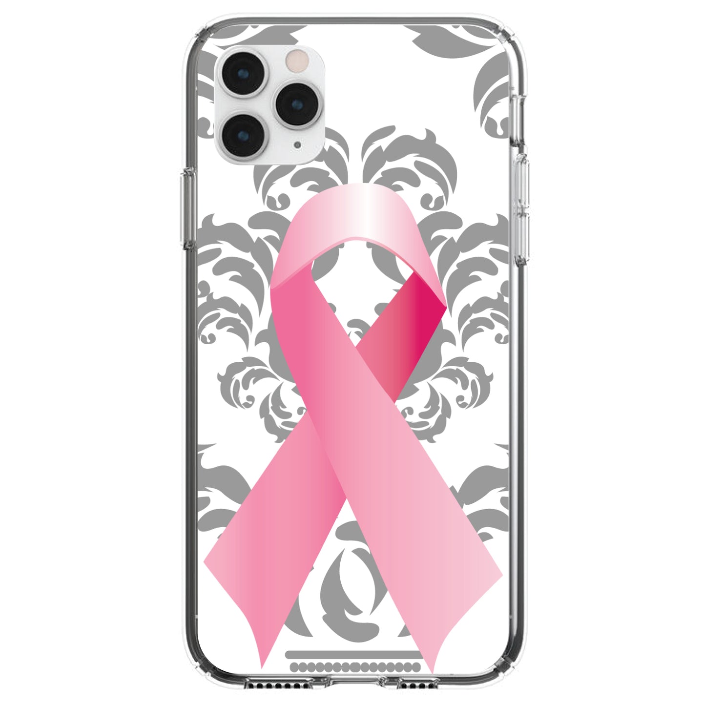 DistinctInk® Clear Shockproof Hybrid Case for Apple iPhone / Samsung Galaxy / Google Pixel - Grey Damask Pink Ribbon