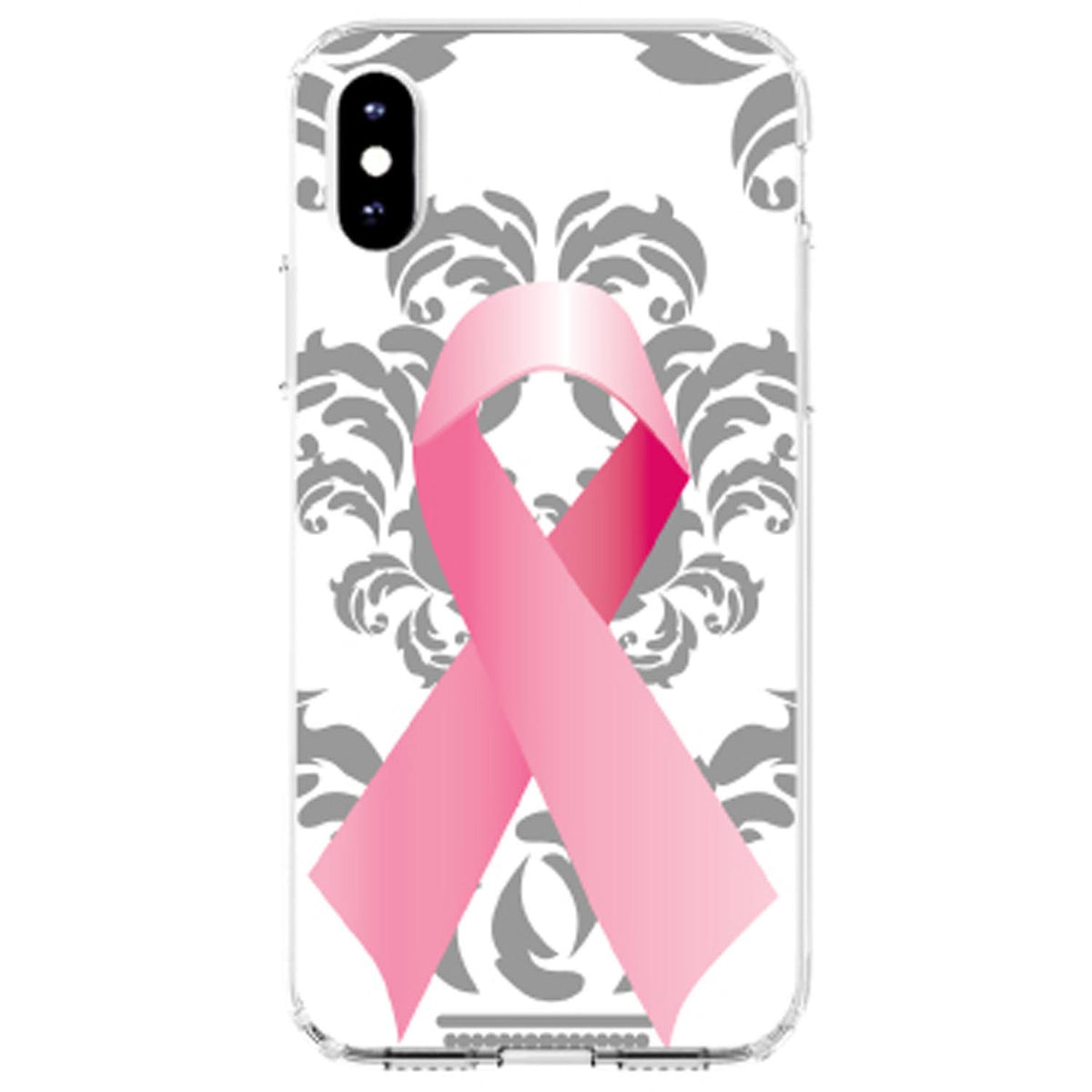 Grey Damask Pink Ribbon Clear Shockproof iPhone Case, view 4