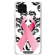 DistinctInk® Clear Shockproof Hybrid Case for Apple iPhone / Samsung Galaxy / Google Pixel - Black Damask Pink Ribbon