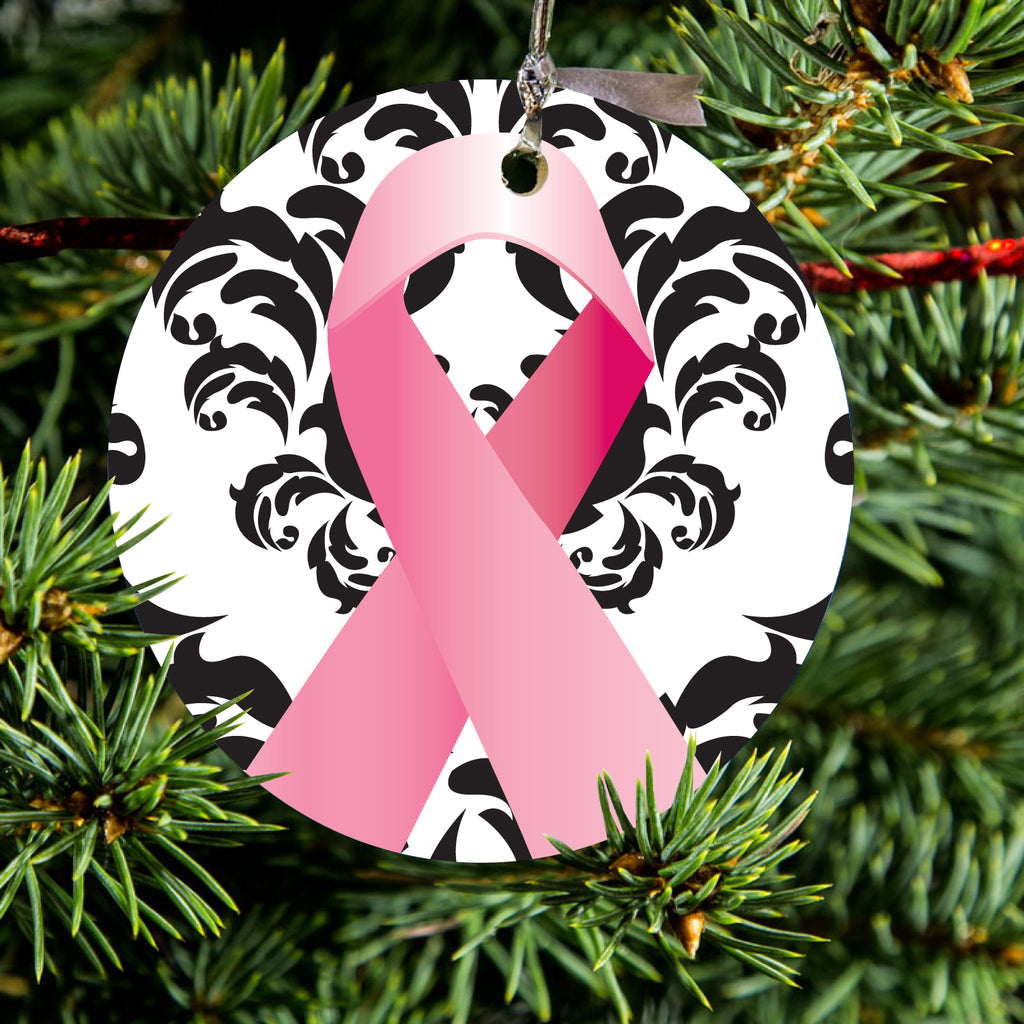 Black Damask Pink Ribbon Ceramic Ornament, view 2