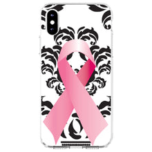 DistinctInk® Clear Shockproof Hybrid Case for Apple iPhone / Samsung Galaxy / Google Pixel - Black Damask Pink Ribbon