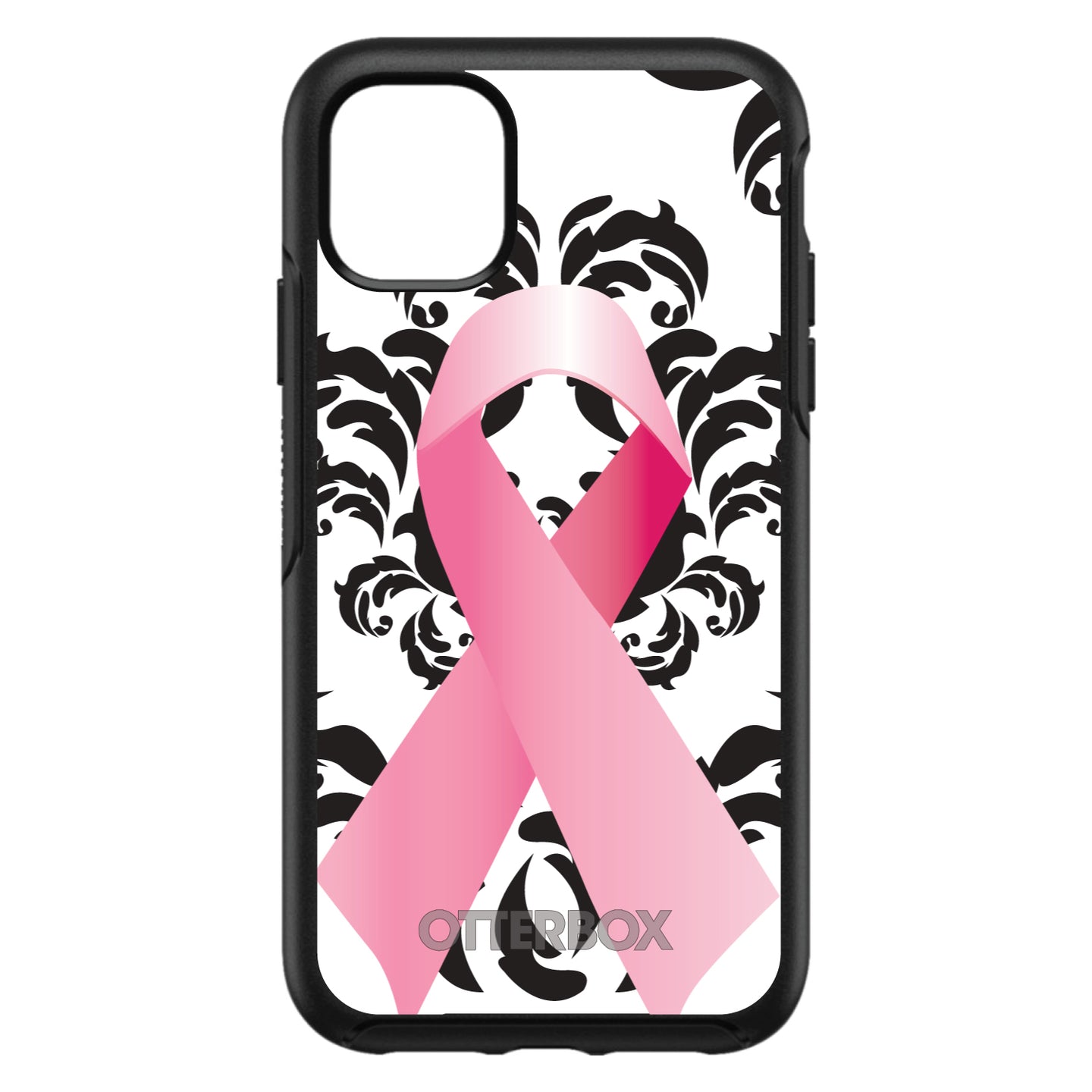 DistinctInk™ OtterBox Symmetry Series Case for Apple iPhone / Samsung Galaxy / Google Pixel - Black Damask Pink Ribbon