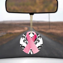 DistinctInk® Hanging Ceramic Christmas Tree Ornament with Gold String - Great Gift / Present - 2 3/4 inch Diameter - Black Damask Pink Ribbon