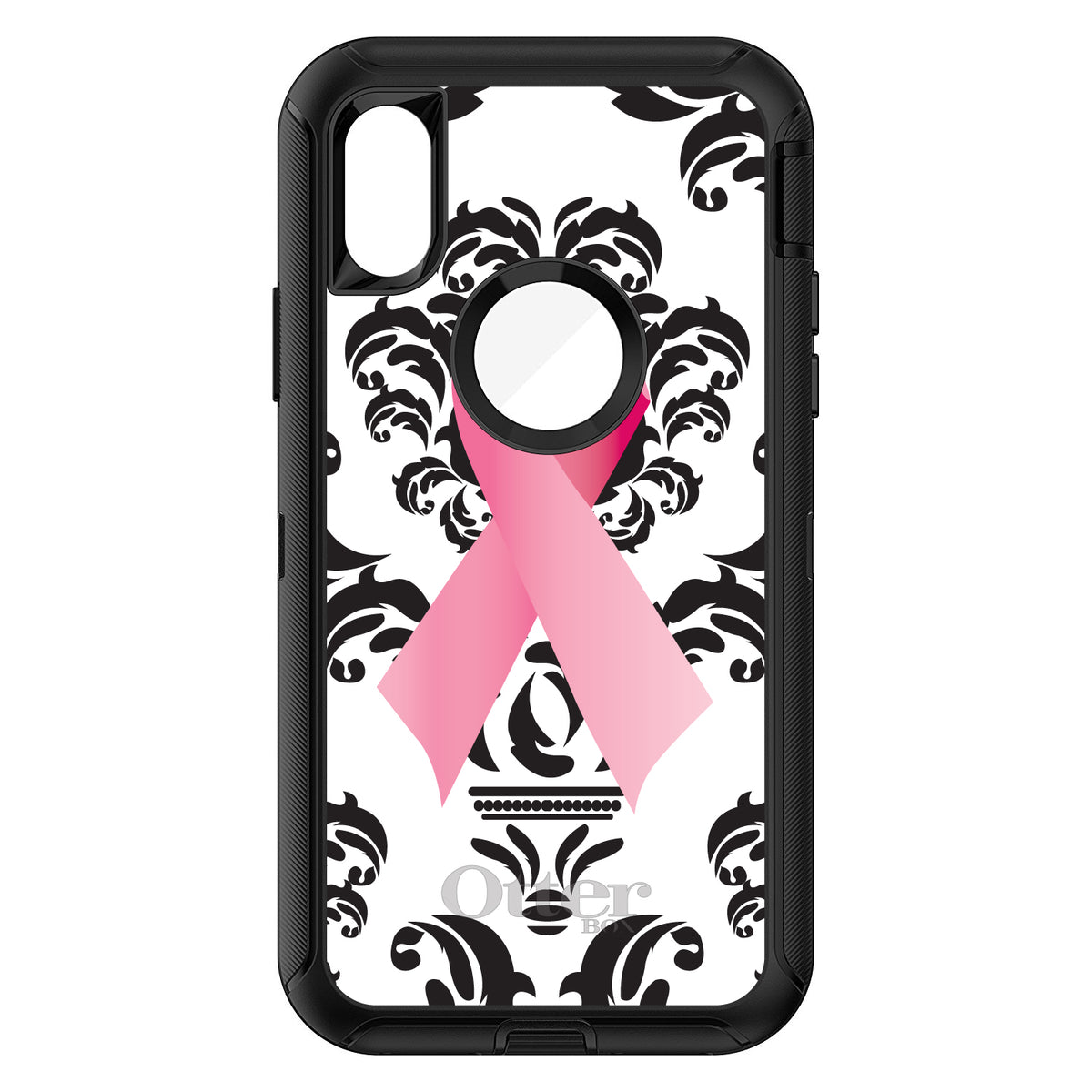 Black Damask Pink Ribbon OtterBox Defender Case for iPhone & Galaxy, view 3