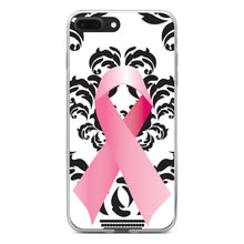 DistinctInk® Clear Shockproof Hybrid Case for Apple iPhone / Samsung Galaxy / Google Pixel - Black Damask Pink Ribbon