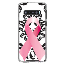 DistinctInk® Clear Shockproof Hybrid Case for Apple iPhone / Samsung Galaxy / Google Pixel - Black Damask Pink Ribbon