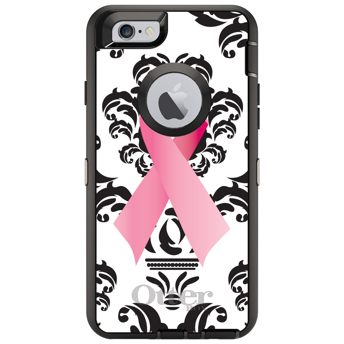 Black Damask Pink Ribbon OtterBox Defender Case for iPhone & Galaxy, view 4
