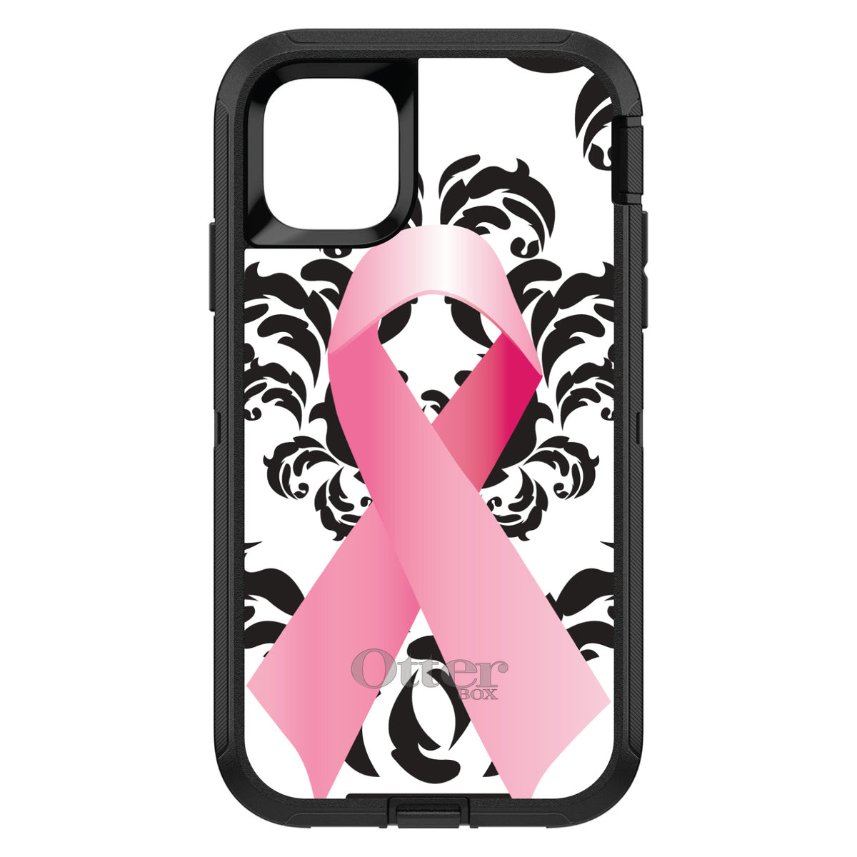 Black Damask Pink Ribbon OtterBox Defender Case for iPhone & Galaxy, view 2