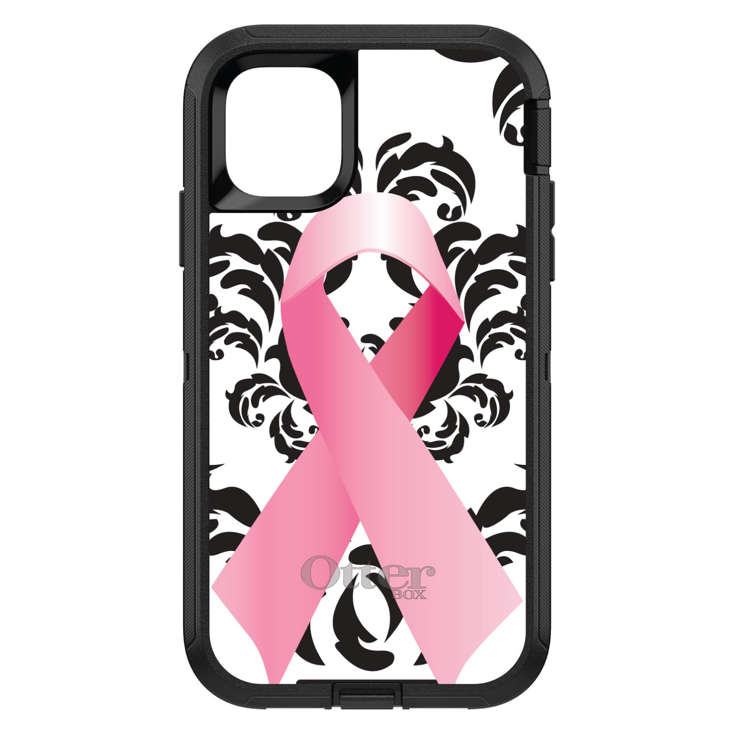 DistinctInk™ OtterBox Defender Series Case for Apple iPhone / Samsung Galaxy / Google Pixel - Black Damask Pink Ribbon