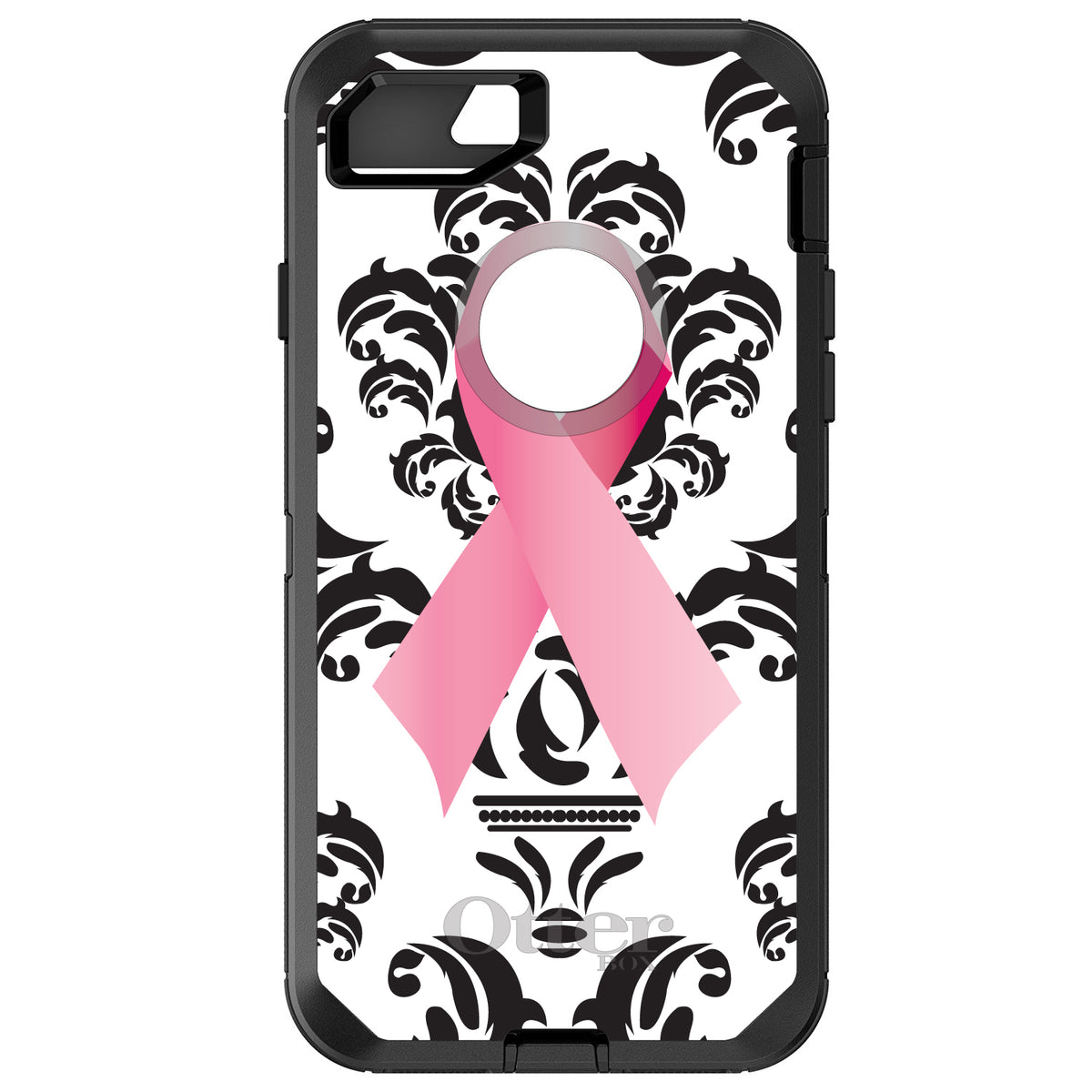 Black Damask Pink Ribbon OtterBox Defender Case for iPhone & Galaxy