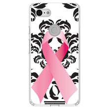 DistinctInk® Clear Shockproof Hybrid Case for Apple iPhone / Samsung Galaxy / Google Pixel - Black Damask Pink Ribbon