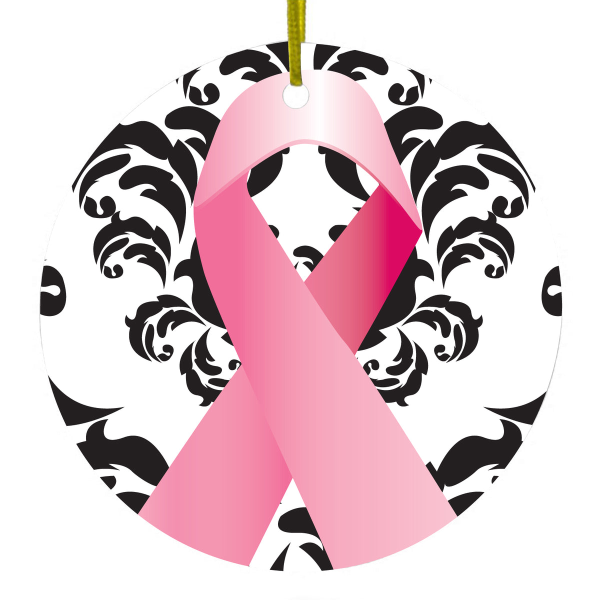 Black Damask Pink Ribbon Ceramic Ornament