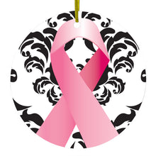 DistinctInk® Hanging Ceramic Christmas Tree Ornament with Gold String - Great Gift / Present - 2 3/4 inch Diameter - Black Damask Pink Ribbon
