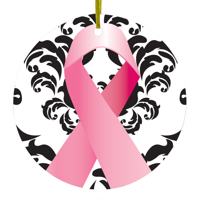 Black Damask Pink Ribbon Ceramic Ornament