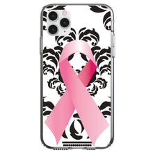 DistinctInk® Clear Shockproof Hybrid Case for Apple iPhone / Samsung Galaxy / Google Pixel - Black Damask Pink Ribbon