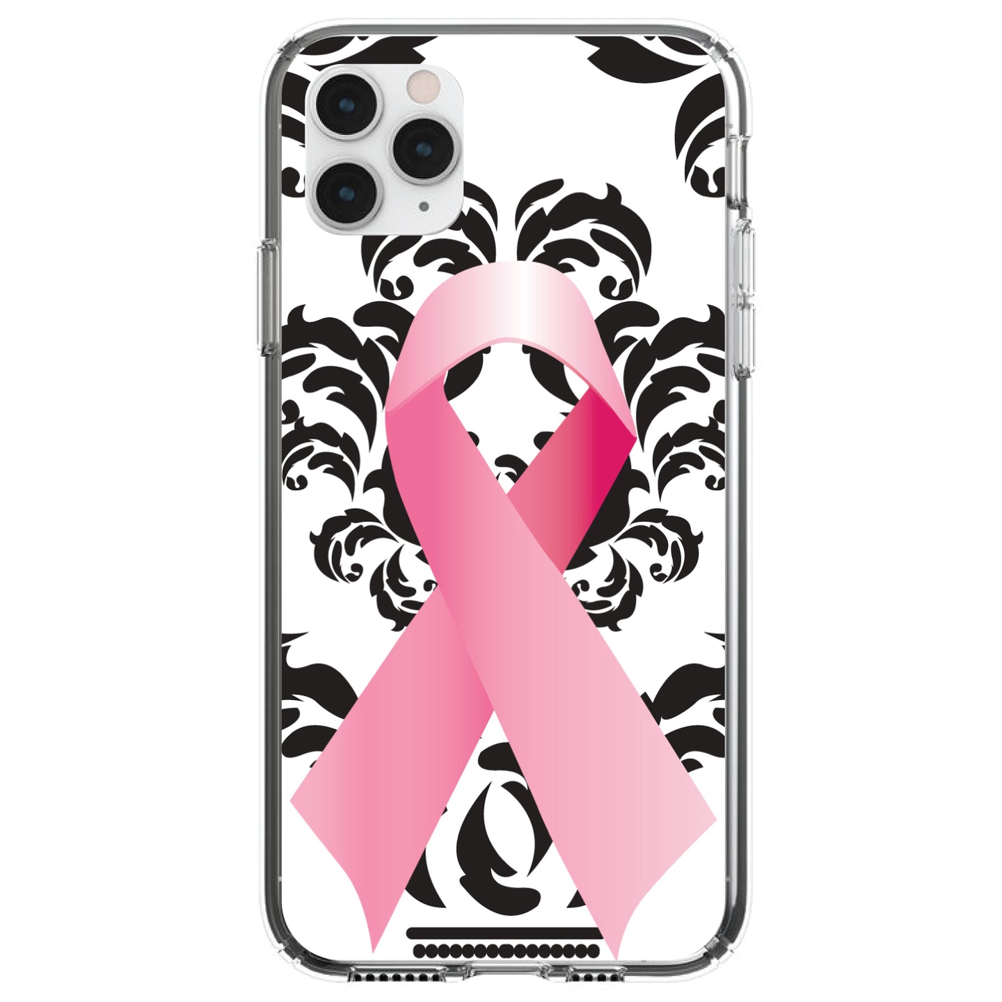 DistinctInk® Clear Shockproof Hybrid Case for Apple iPhone / Samsung Galaxy / Google Pixel - Black Damask Pink Ribbon