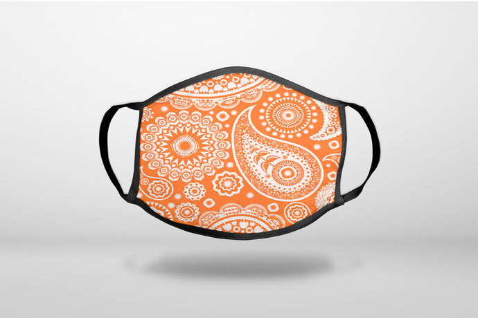 Orange White Paisley - 3-Ply Reusable Soft Face Mask Covering, Unisex, Cotton Inner Layer