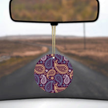 DistinctInk® Hanging Ceramic Christmas Tree Ornament with Gold String - Great Gift / Present - 2 3/4 inch Diameter - Purple Yellow Blue Paisley