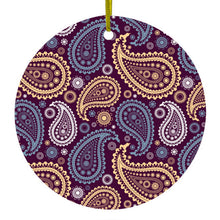 DistinctInk® Hanging Ceramic Christmas Tree Ornament with Gold String - Great Gift / Present - 2 3/4 inch Diameter - Purple Yellow Blue Paisley