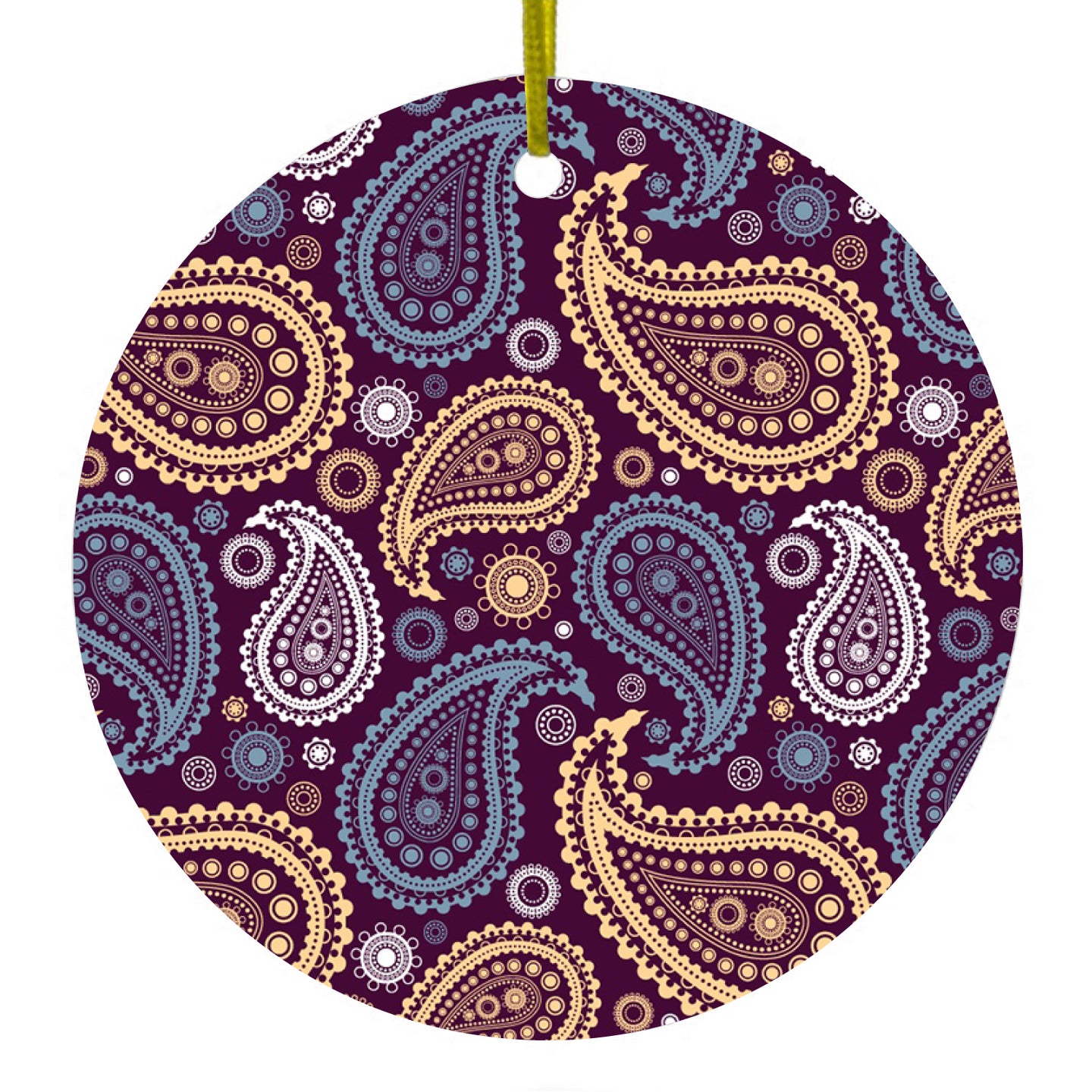 DistinctInk® Hanging Ceramic Christmas Tree Ornament with Gold String - Great Gift / Present - 2 3/4 inch Diameter - Purple Yellow Blue Paisley