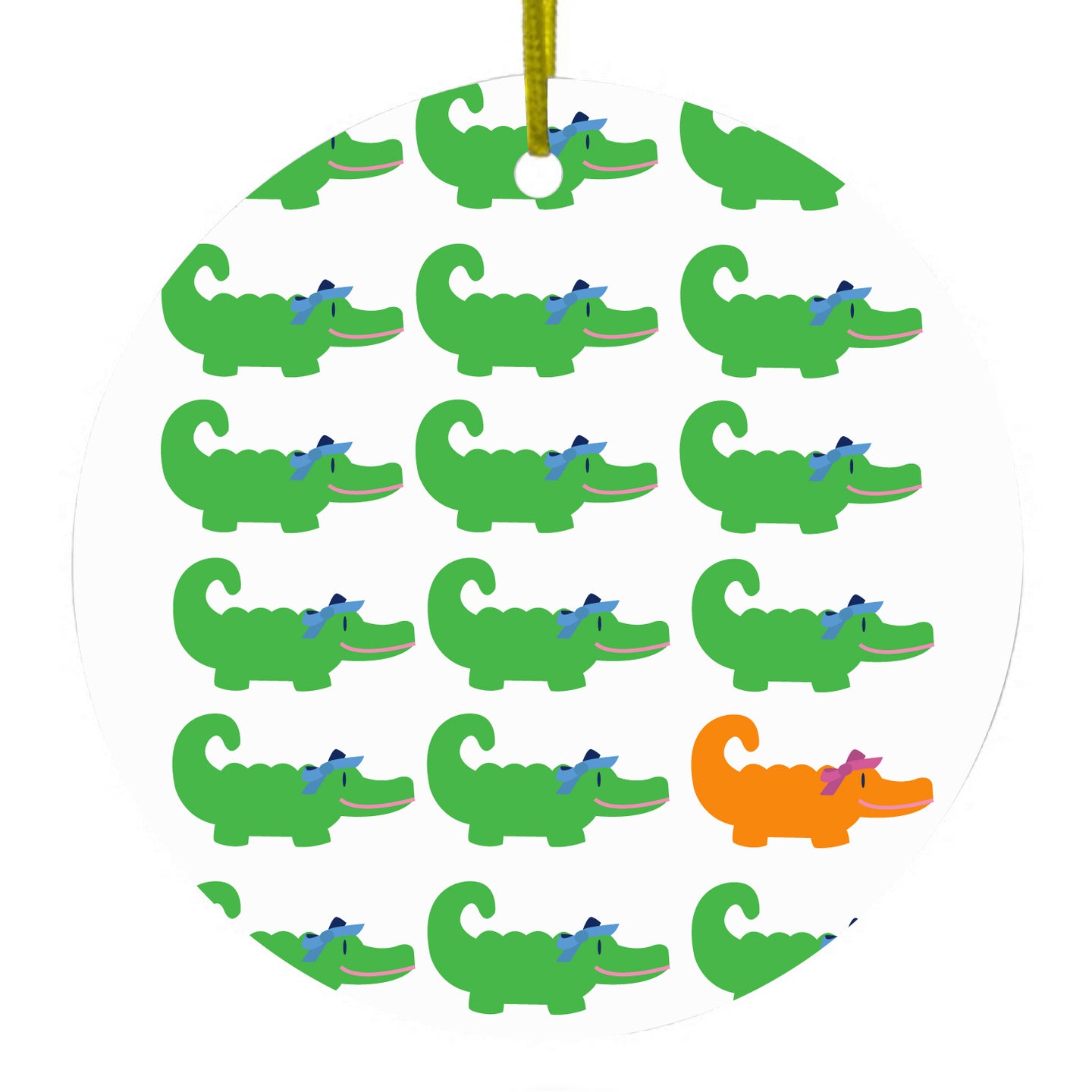 DistinctInk® Hanging Ceramic Christmas Tree Ornament with Gold String - Great Gift / Present - 2 3/4 inch Diameter - Green Orange Blue Alligator Gator