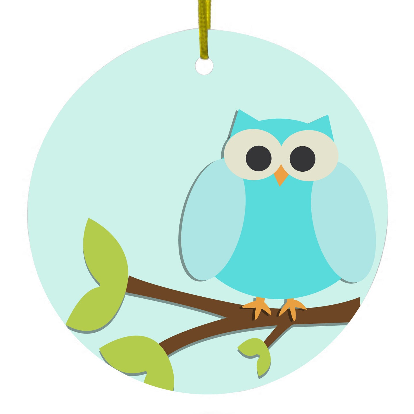 DistinctInk® Hanging Ceramic Christmas Tree Ornament with Gold String - Great Gift / Present - 2 3/4 inch Diameter - Blue Owl Cartoon
