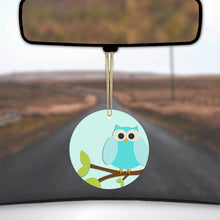 DistinctInk® Hanging Ceramic Christmas Tree Ornament with Gold String - Great Gift / Present - 2 3/4 inch Diameter - Blue Owl Cartoon