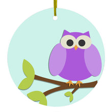 DistinctInk® Hanging Ceramic Christmas Tree Ornament with Gold String - Great Gift / Present - 2 3/4 inch Diameter - Purple Owl Cartoon