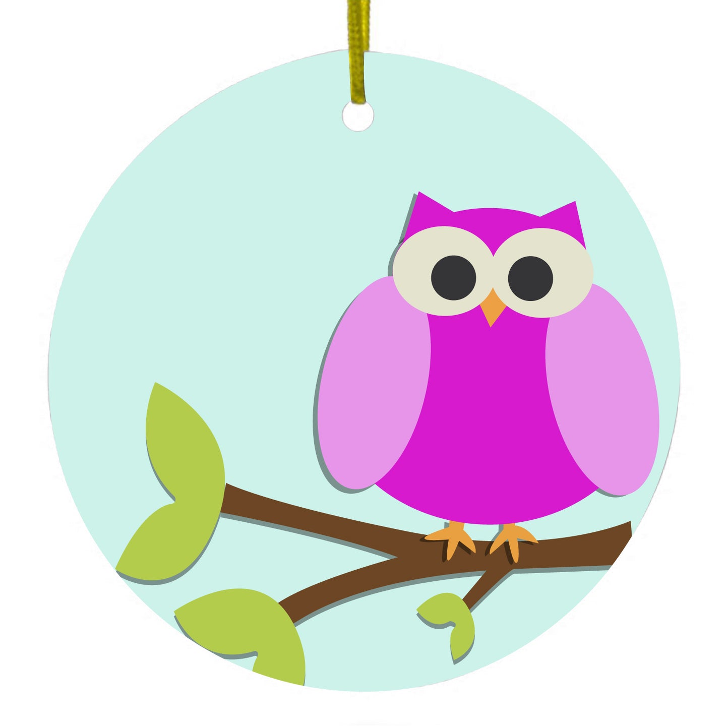 DistinctInk® Hanging Ceramic Christmas Tree Ornament with Gold String - Great Gift / Present - 2 3/4 inch Diameter - Pink Owl Cartoon