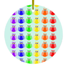 DistinctInk® Hanging Ceramic Christmas Tree Ornament with Gold String - Great Gift / Present - 2 3/4 inch Diameter - Rainbow Owls Cartoon