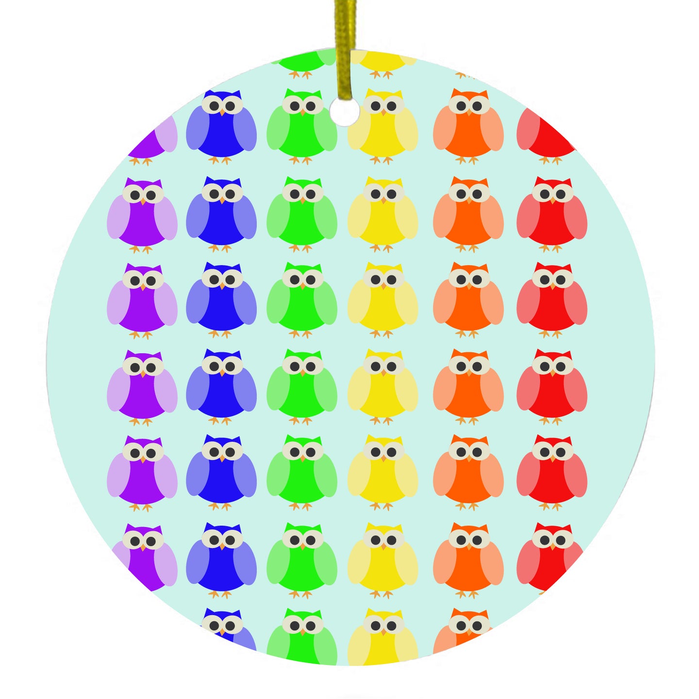DistinctInk® Hanging Ceramic Christmas Tree Ornament with Gold String - Great Gift / Present - 2 3/4 inch Diameter - Rainbow Owls Cartoon