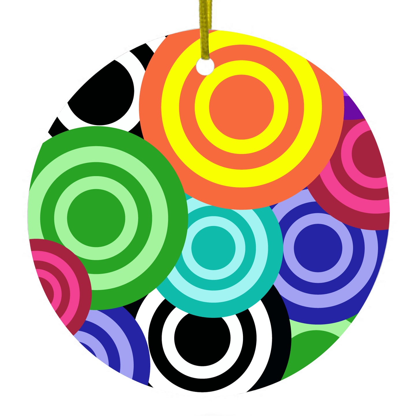 DistinctInk® Hanging Ceramic Christmas Tree Ornament with Gold String - Great Gift / Present - 2 3/4 inch Diameter - Multi Color Swirls