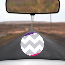 DistinctInk® Hanging Ceramic Christmas Tree Ornament with Gold String - Great Gift / Present - 2 3/4 inch Diameter - Purple Pink Block Grey Chevron