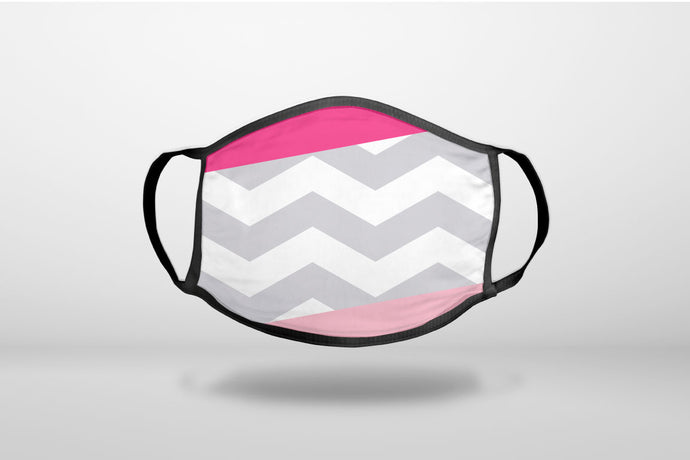 Hot Pink Block Grey Chevron - 3-Ply Reusable Soft Face Mask Covering, Unisex, Cotton Inner Layer